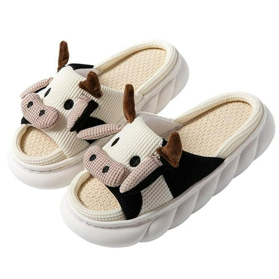 HYwys Open Toe Cute Cartoon Memory Foam Linen House Slippers for Women Indoor Outdoor Animal Slippers Womens Four Seasons Cow Slippers for Women and Men Non-slip Flat Slides