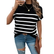HYwys Striped Knit Shirts Women Batwing Short Sleeve Sweaters Casual Loose Top
