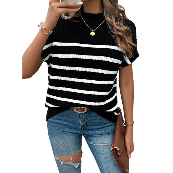 HYwys Striped Knit Shirts Women Batwing Short Sleeve Sweaters Casual Loose Top