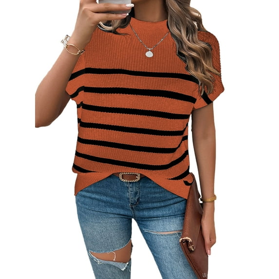HYwys Striped Knit Shirts Women Batwing Short Sleeve Sweaters Casual Loose Top