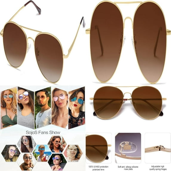 HYwys Stylish and Timeless Classic Aviator Sunglasses for Women and Men with Durable Metal Frame and Flexible Spring Hinges SOJOS SJ1030