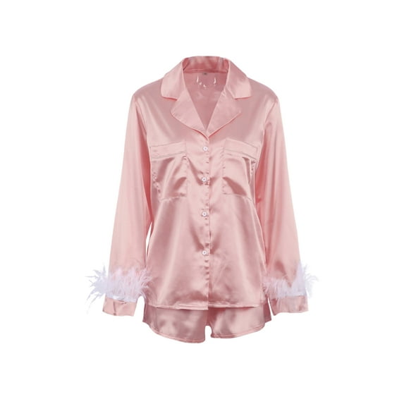 HYwys Women 2PCS Pajamas Long Sleeve Feather Cuffs Blouse Shorts