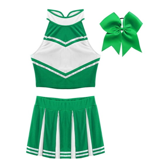 HYwys Women Girls Cheerleading Dance Uniform Sleeveless Crop Top Pleated Skirt with Bow Headwear Wine Red S