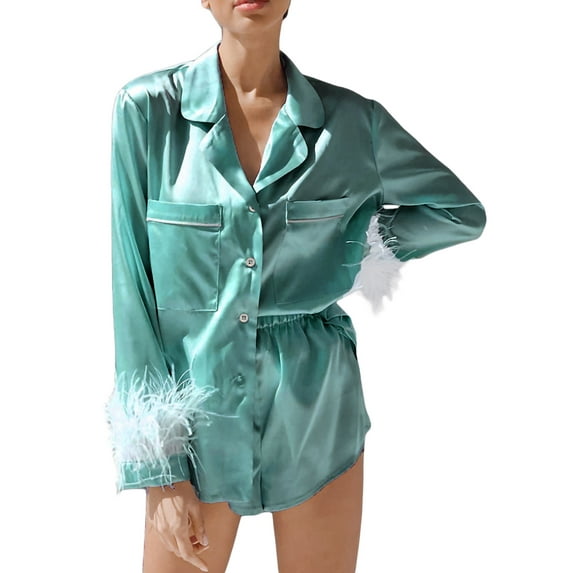 HYwys Women Satin Silk Pajamas Set Long Sleeve Button Down Feather Pjs Sleepwear Nightwear Loungewear Set