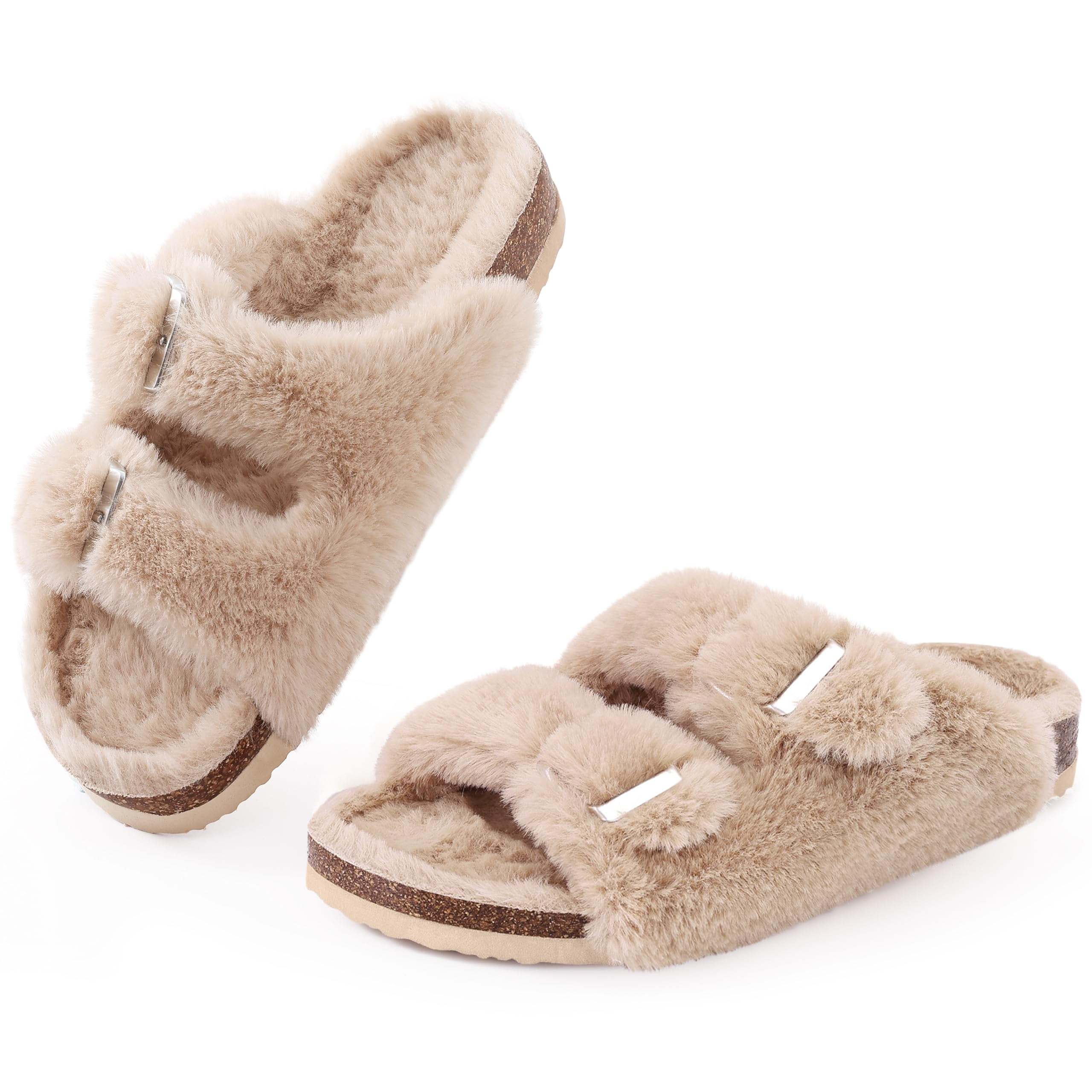 HYwys Women's Furry Cork Slippers Winter Soft Fluffy Open Toe