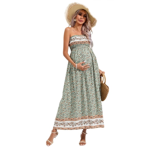 HYwys Women s Maternity Dresses Boho Strapless Summer Casual Floral Maxi Dress Light Green M