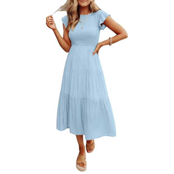 HYwys Women s Summer Casual Flutter Short Sleeve Crew Neck Smocked Elastic Waist Tiered Midi Dress