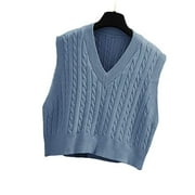 HYwys Women s V Neck Knit Sweater Vest Solid Color Argyle Preppy Style Sleeveless Crop Knit Pullover Tops Vest