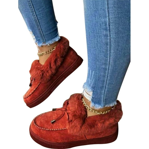 HYwys Womens Winter Boots Bowknot Loafers Moccasin Warm Furry-Lined Slipper Outdoor