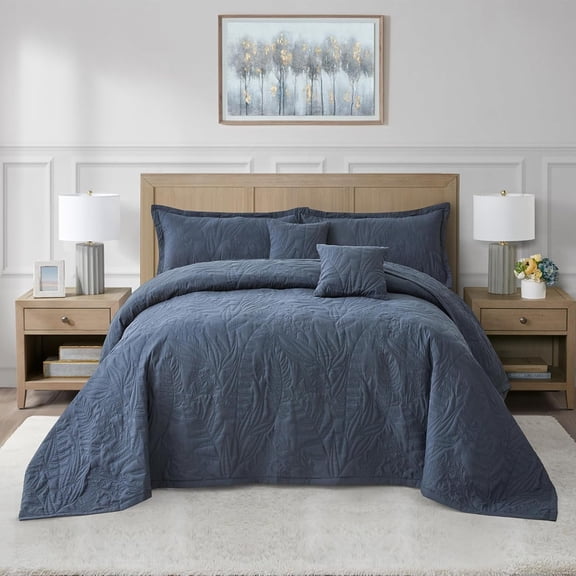 HZ & HY Botanical Oversized King Bedspread, Leaves Pattern Stitching Quilt Set, Elegant & Fresh Style Bedding Cover, Reversible, Lightweight 5 Piece Set, Navy