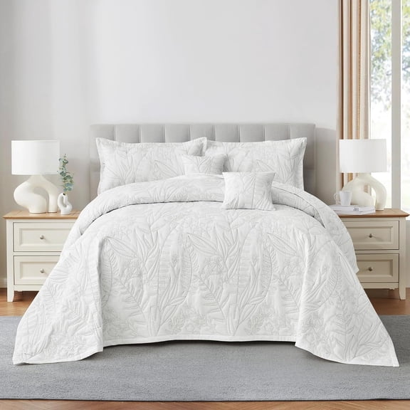 HZ & HY Botanical Oversized King Bedspread, Leaves Pattern Stitching Quilt Set, Elegant & Fresh Style Bedding Cover, Reversible, Lightweight 5 Piece Set, White