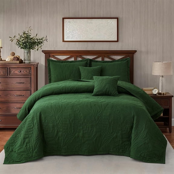 HZ & HY Botanical Oversized Queen Bedspread, Leaves Pattern Stitching Quilt Set, Elegant & Fresh Style Bedding Cover, Reversible, Lightweight 5 Piece Set, Olive Green