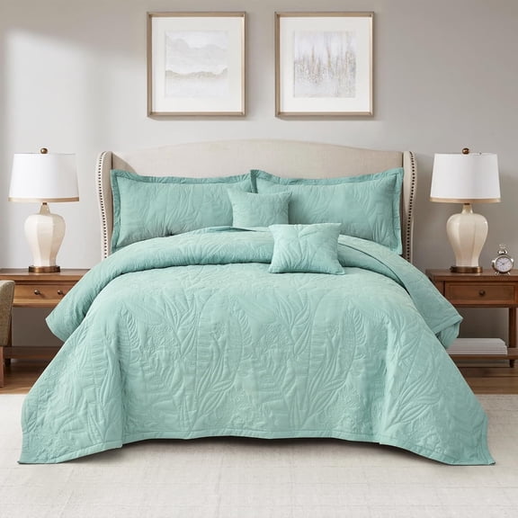 HZ & HY Botanical Oversized Queen Bedspread, Leaves Pattern Stitching Quilt Set, Elegant & Fresh Style Bedding Cover, Reversible, Lightweight 5 Piece Set, Seaglass