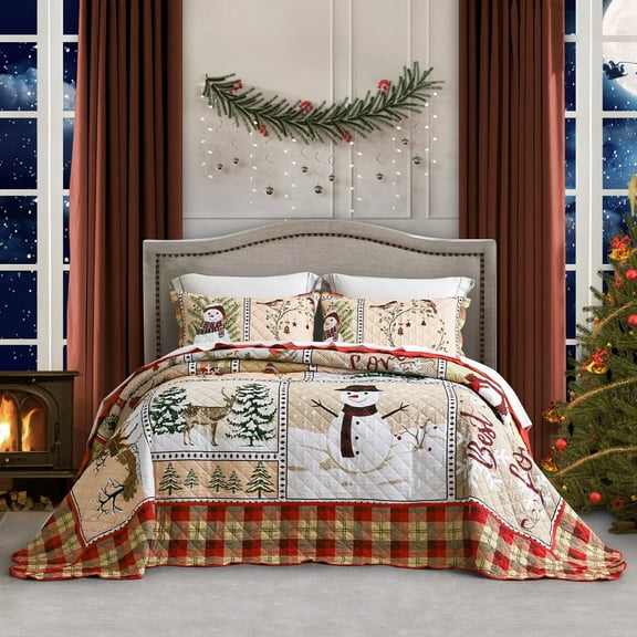 HZ & HY Christmas Oversized Bedspread King Size, Snowman Pattern Bedding Quilt, Rustic Lodge Plaid Patchwork Coverlet Set, Lightweight & Soft Microfiber, 3 Piece