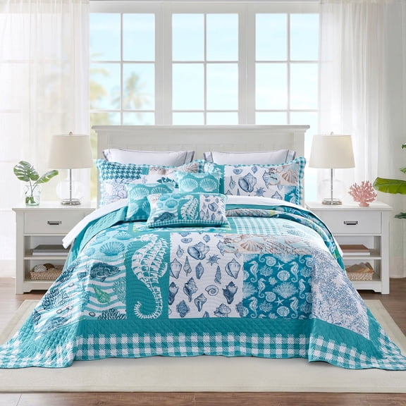 HZ & HY Coastal Oversized King Bedspread, Lightweight Beach Bedding Nautical Quilt, Real Stitching, Reversible, 6 Piece, 100% Microfiber, Seahorse