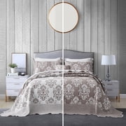 HZ & HY Oversized King Bedspread 128x120 Extra Wide, Jacquard Matelasse Damask Pattern Design, Lightweight, Reversible, 5 Piece, 100% Microfiber, Tan Brown