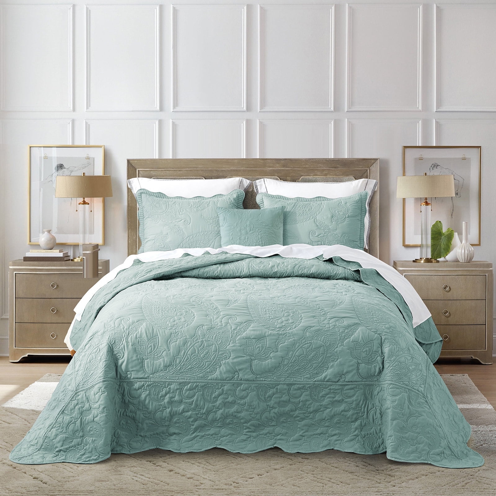 HZ & HY Oversized King Bedspread 128x120 Extra Wide - Paisley Pattern Quilt Set - Gorgeous & Elegant Style Bedding Coverlets, Reversible, Lightweight, 5 Piece, California King, Seaglass
