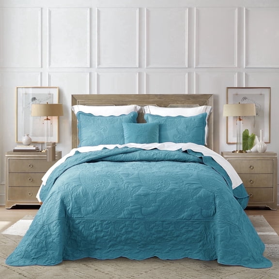 HZ & HY Oversized King Bedspread 128x120 Extra Wide - Paisley Pattern Quilt Set - Gorgeous & Elegant Style Bedding Coverlets, Reversible, Lightweight, 5 Piece, California King, Lagoon Lagoon