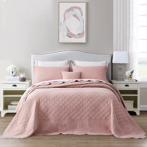 HZ & HY Oversized King Bedspread 128x120 Extra Wide - Shabby Chic Rustic Look - Enzyme Washed, Ultra Soft & Lightweight, Reversible, Cotton/Polyester, 5 Piece, Misty Rose