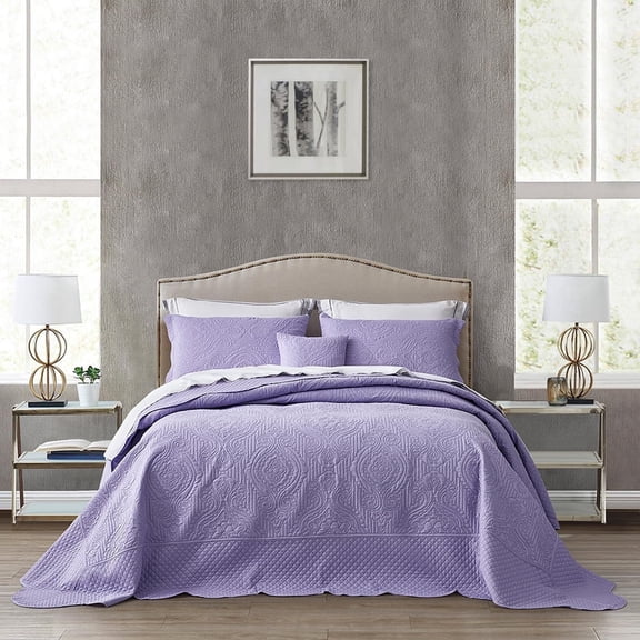 HZ & HY Oversized King Bedspread 128x120 Extra Wide, Ultrasonic Coverlet Bedding Set, Lightweight Thin Comforter, Reversible, 5 Piece, 100% Microfiber, Purple Lavender