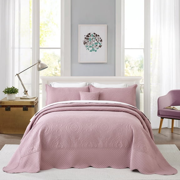 HZ & HY Oversized King Bedspread 138x122 Extra Wide, Ultrasonic Coverlet Bedding Set, Lightweight Thin Comforter, Reversible, 5 Piece, 100% Microfiber, California/Alaskan King, Mauve Shadows