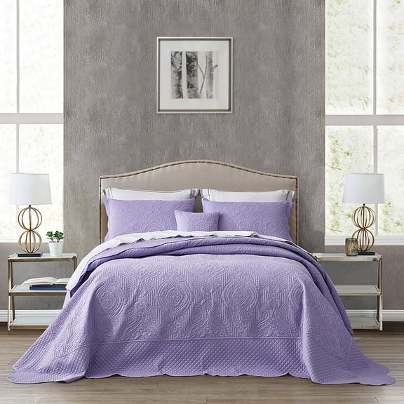 HZ & HY Oversized King Bedspread 138x122 Extra Wide, Ultrasonic Coverlet Bedding Set, Lightweight Thin Comforter, Reversible, 5 Piece, California/Alaskan King, Purple Lavender