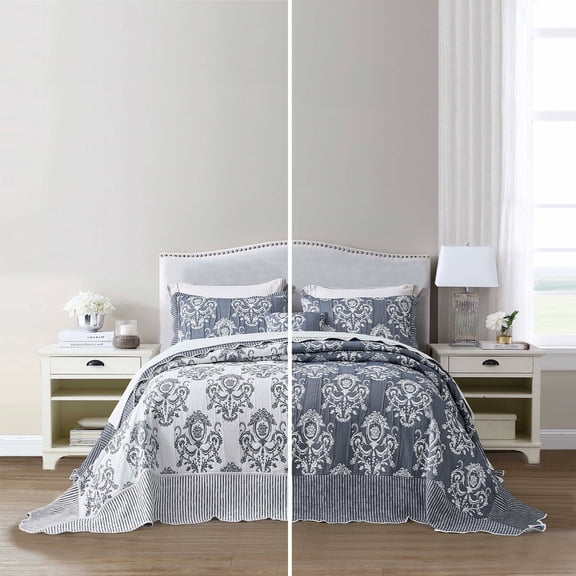 HZ & HY Oversized King Bedspread, Jacquard Matelasse Damask Pattern Design, Lightweight, Reversible, 5 Piece, 100% Microfiber, Dark Blue