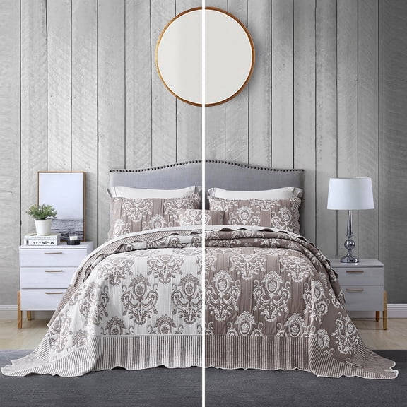 HZ & HY Oversized King Bedspread, Jacquard Matelasse Damask Pattern Design, Lightweight, Reversible, 5 Piece, 100% Microfiber, Tan Brown