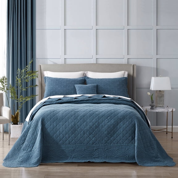 HZ & HY Oversized King Bedspread - Shabby Chic Rustic Look - Enzyme Washed, Ultra Soft & Lightweight, Reversible, Cotton/Polyester, 5 Piece, China Blue