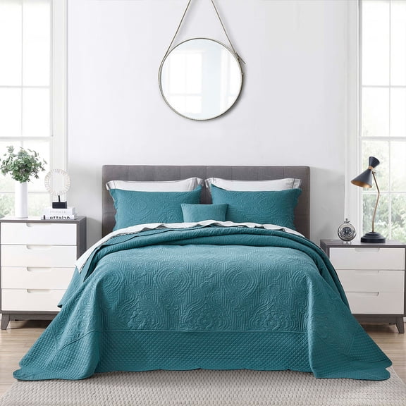 HZ & HY Oversized King Bedspread, Ultrasonic Coverlet Bedding Set, Lightweight Thin Comforter, Reversible, 5 Piece, 100% Microfiber, Lagoon