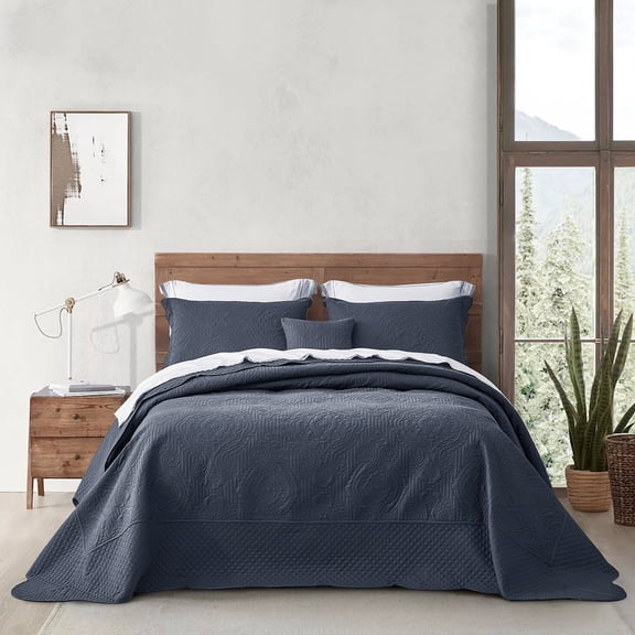 HZ & HY Oversized King Bedspread, Ultrasonic Coverlet Bedding Set, Lightweight Thin Comforter, Reversible, 5 Piece, 100% Microfiber, Navy Blue