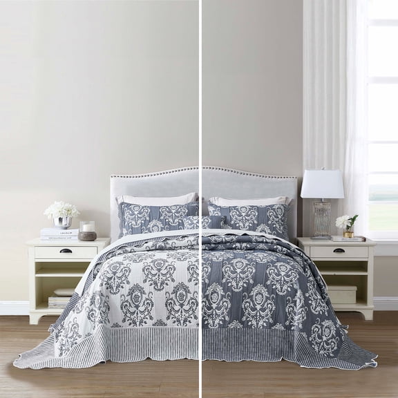 HZ & HY Oversized Queen Bedspread, Jacquard Matelasse Damask Pattern Design, Lightweight, Reversible, 5 Piece, 100% Microfiber, Queen, Dark Blue