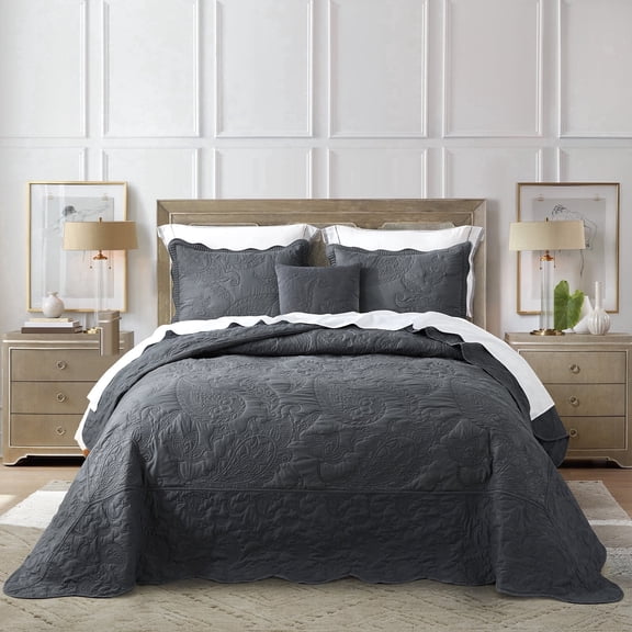HZ & HY Queen Size Bedspread, Quilted Coverlet Bedding Set, Lightweight Thin Comforter, Reversible, Luxurious, 5 Piece, 100% Microfiber, Queen, Dark Grey