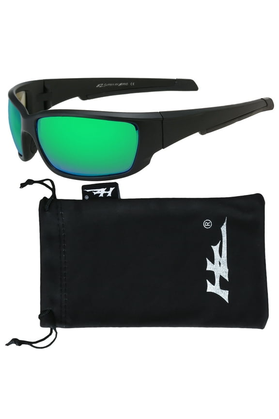 HZ Series Superfit - Premium Polarized Sunglasses by Hornz – Sunglasses for Men – Full Frame Strong Arms – Matte Black Frame – Emerald Green Mirror Lens