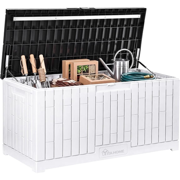 HZAT 120 Gallon Outdoor Storage Deck Box, Large Resin Patio Storage, Slide-Lock Lid, 2-Person Bench, Waterproof, Grayish-White