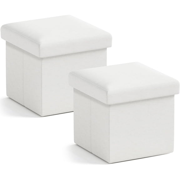 HZAT 2-Pack 12" Foldable Linen Storage Ottoman, Cube Foot Rest Stool Seat for Living Room, Bedroom, Office, Dorm - White