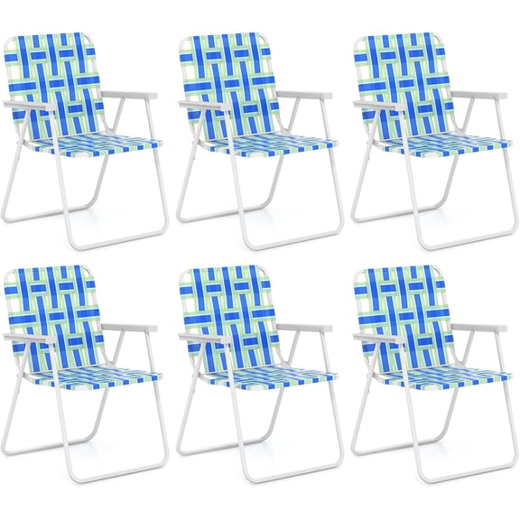HZAT 2-Pack Folding Patio Chairs, Webbed Lightweight Dining & Beach Chair Set w/Armrest, Indoor/Outdoor Portable for Lawn, Poolside, Backyard (Blue & Green)