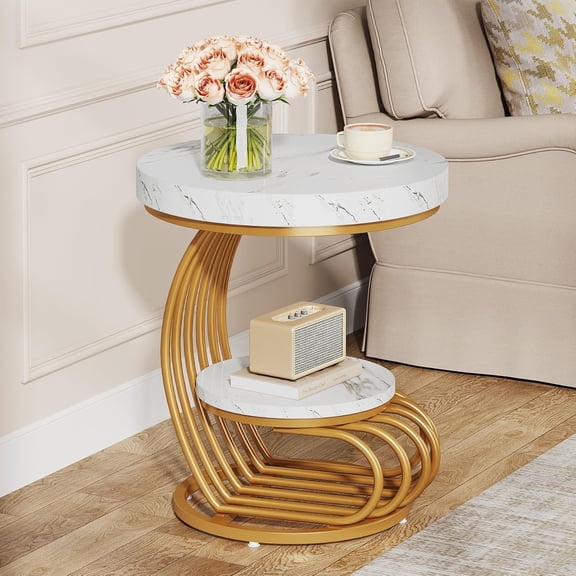 HZAT 2-Tier Round End Table, Faux Marble Top & Gold Arc Frame, Modern Side Table for Sofa/Bedside, Living Room Accent Furniture
