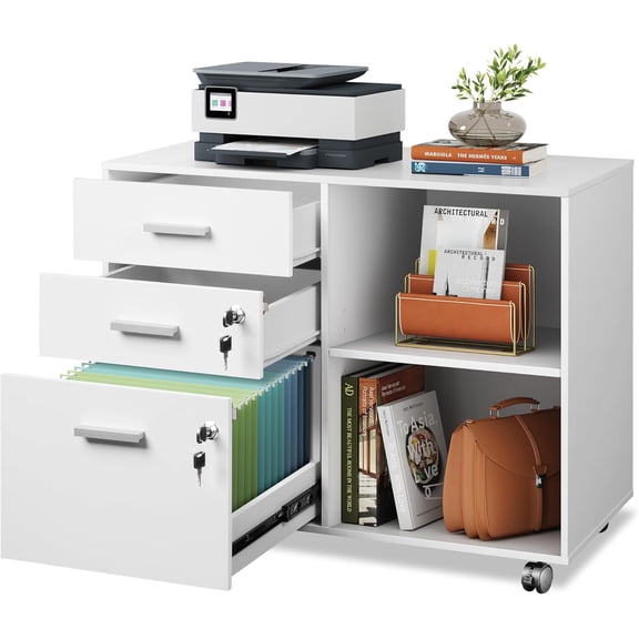 HZAT 3-Drawer Wood File Cabinet with Lock, Mobile Lateral Filing Cabinet, Printer Stand with Open Storage Shelves for Home Office, White