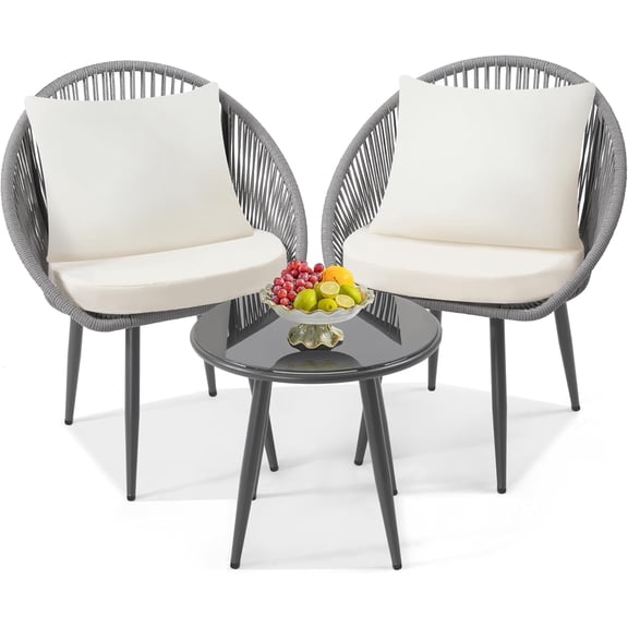 HZAT 3-Piece Outdoor Bistro Set, Woven Rope Chairs w/ Cushions & Side Table, All-Weather Patio Conversation Set for Balcony, Poolside, Grey