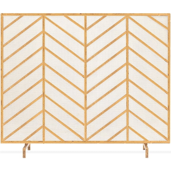 HZAT 38x31in Single Panel Handcrafted Wrought Iron Mesh Chevron Fireplace Screen, Fire Spark Guard for Living Room, Bedroom Dcor w/Distressed Antique Finish - Gold
