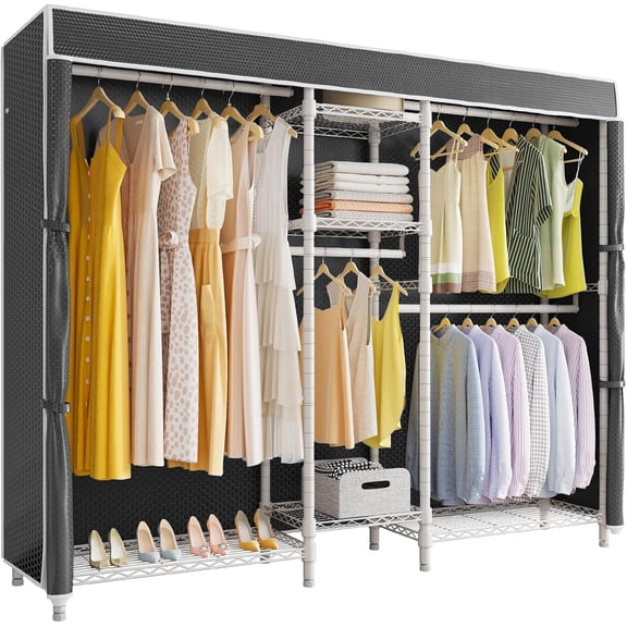HZAT 5-Tier Wire Garment Rack, 70.1" L x 17.3" W x 76.4" H, White Metal Clothes Rack w/ Black Oxford Cover, 870lbs Load