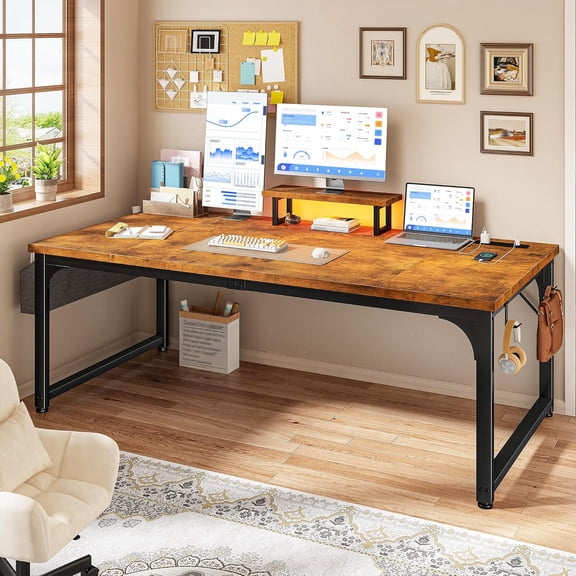 HZAT 55" Desk with Power Outlets and LED, Large Computer Desk with Monitor Stand and Deeper&Thicker Desktop,Heavy Duty Office Desk for 2 Monitors, Long Study Student Writing Desk,Brown