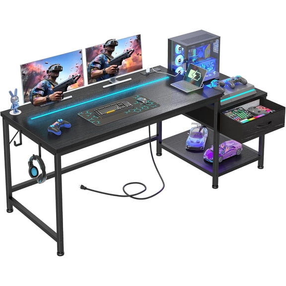 HZAT 56 Inch Gaming Desk with Drawers and Printer Shelf,Reversible Computer Desk with LED Lights and Power Outlets,Study Table with Hooks for Headphone,Bags,Black Desk Work Desk for Bedroom,Dorm