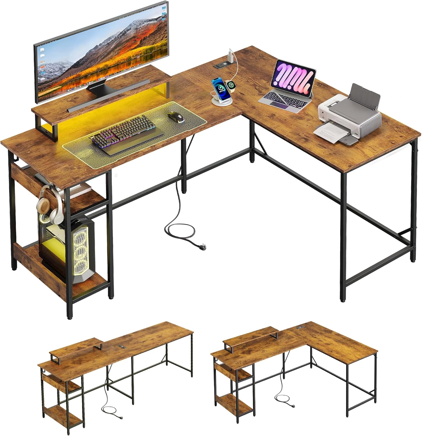 HZAT 60 Inch L Shaped Gaming Desk with LED Lights & Power Outlets, Corner Desk for Small Spaces, Sturdy PC Computer Table with Storage for Home Office, Rustic Brown