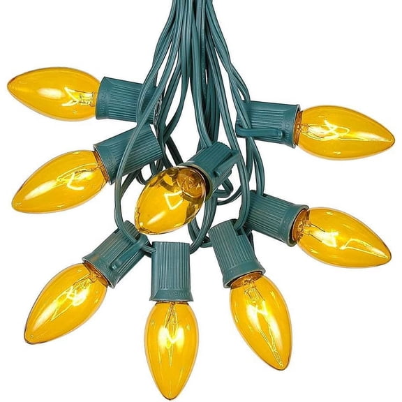 HZAT C9 Yellow Christmas String Lights - 25ft Green Wire Outdoor Patio & Roofline Holiday Decor - 25 Bulbs