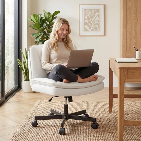 HZAT Criss Cross Chair with Wheels, Armless Cross Legged Office Chair with 2 Layer Comfy Leather & Back, 105-120 Reclining & Height Adjustable, Wide Vanity Chair for Home Office,Beige