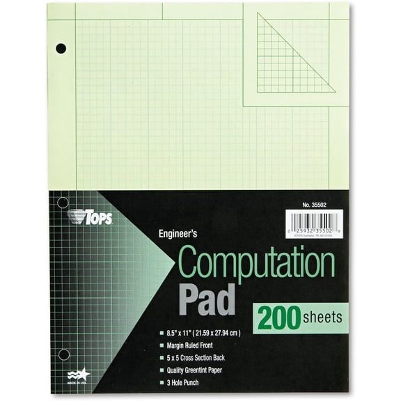 HZAT Engineering Computation Pad, 8.5x11", 5x5 Graph Rule, Green Tint, 3-Hole Punched, 200 Sheets