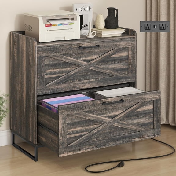 HZAT File Cabinet 2-Drawer Lateral with Charging Station, Printer Stand for Home Office, Letter/Legal/A4 Files, Dark Rustic Oak