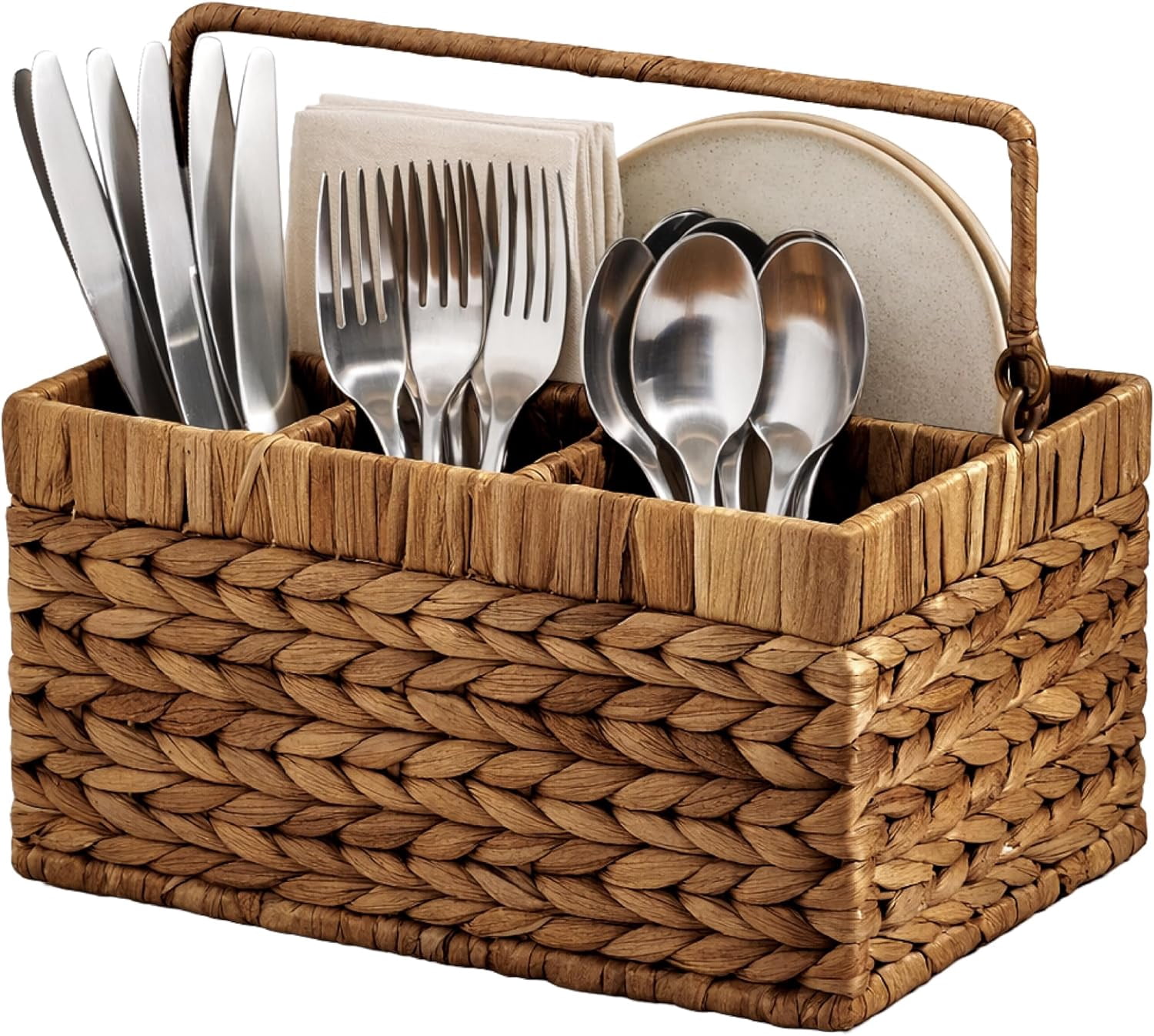 HZAT Handwoven Silverware Organizer w/Handle, 4 Compartment Flatware Organizer, Shelf Storage Basket, Wicker Utensil Caddy, Cutlery Basket Holder for Party, Picnic, BBQ - Chestnut